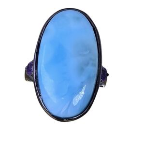 925 Sterling Silver Ring Sz 8 with Natural Larimar 2.6x1.5cm & Amethyst Gems